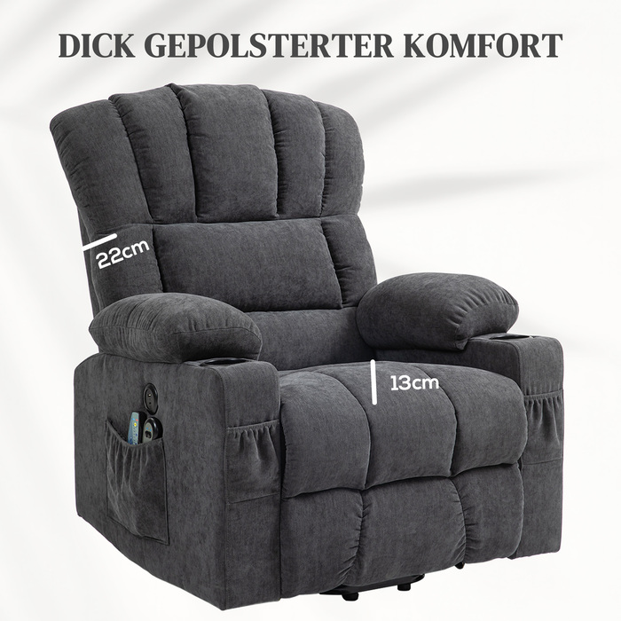 HOMCOM Electric Recliner with Rise Function, TV Chair with Lie-flat, Heating, and Massage Functions, TV Chair with Type-C and USB Ports, Cup Holders, Dark Grey | Aosom