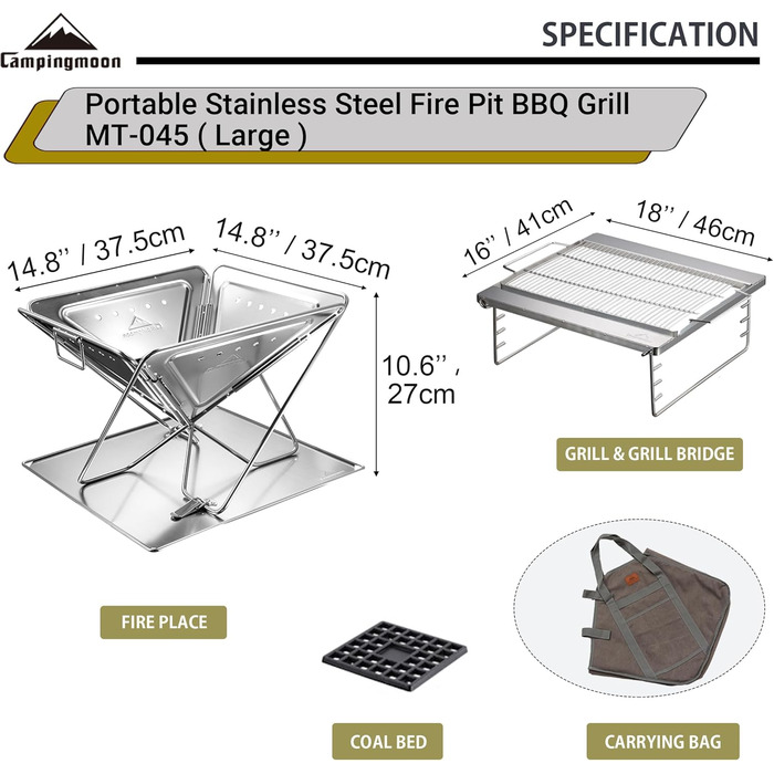 CAMPINGMOON 3-in-1 Portable Stainless Steel Wood Grill and Fire Pit, 16 x 18 inches, with Carrying Bag MT-045