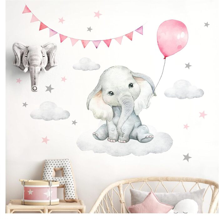 Little Deco Elephant Balloon Wall Sticker, Baby Nursery Wall Decal, DL889-4