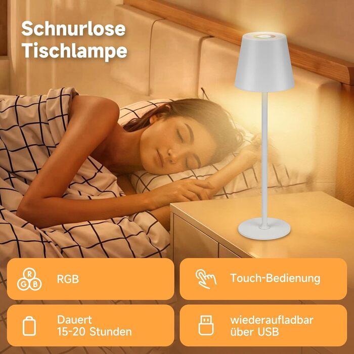 Дві бездротові LED-лампа настільні, перезаряджувані, 3000K, 7 кольорів RGB, USB-C, 5500mAh, вологостійкі, для дому та на вулицю (білі, 2 шт.)