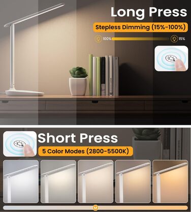 LED лампа настільна диммерна з 5 кольорами, регулювання яскравості 15%-100%, захист очей, USB-зарядка, таймер, сенсорне керування, для дітей, спальні, читання, офісу
