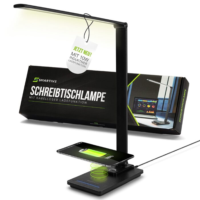 Дизайнерська настільна LED-лампа SMARTIVE з бездротовою зарядкою 10W, регулюванням яскравості та USB-портом, чорна
