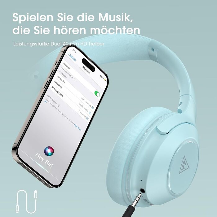 Бездротові навушники DOQAUS Bluetooth з тривалим часом роботи (70 годин), Over-Ear, Bluetooth 5.4, з кабелем, 3 режими EQ, HiFi стерео для подорожей/телефону/ПК (блакитні)