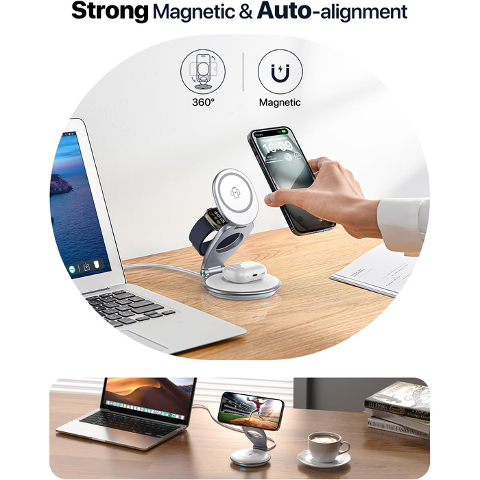 Сумка-органайзер для зарядки MagSafe: Складна зарядка для Apple, індукційна зарядка для iPhone 16/15/14/13/12, зарядка для Apple Watch та AirPods (з 30W адаптером), білий колір