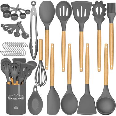 Набір кухонного приладдя Umite Chef (33 шт.) - силіконові лопатки, дерев'яна ручка, антипригарне покриття, сірий