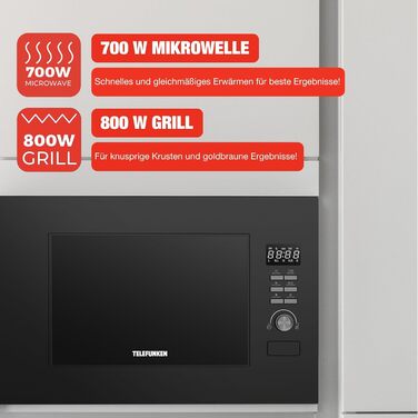 Вбудована мікрохвильова піч Telefunken з грилем, 20 л, чорна, 8 автоменю, 800 Вт, 5 рівнів потужності