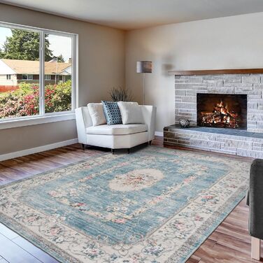 Килим TALETA для вітальні, спальні, офісу: вінтажний, квітковий, 140x200 см, блакитний