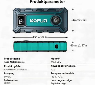 Бустер для автомобіля 7000A Jump Starter Powerbank 12V для бензинових (до 8л) та дизельних (до 6.5л) двигунів з LED-ліхтарем та набором аксесуарів (Блакитно-зелений)