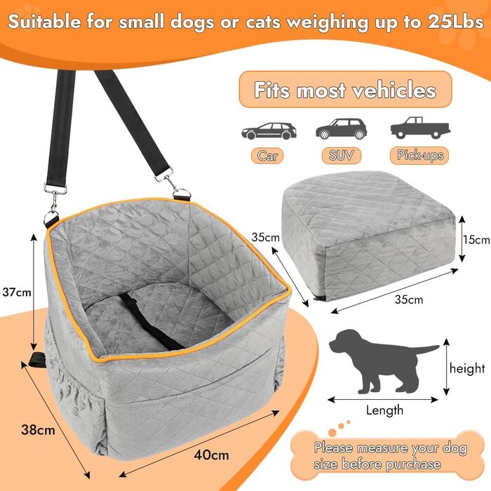 Memory Foam Dog Car Seat for Small Dogs (Under 11kg) - Elevated Design with Storage Pockets (Gray)