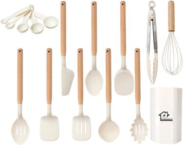Набір кухонних помічників 12 шт. з силікону з дерев'яними ручками: лопатки, ложки, щипці. Кухонне приладдя, стійке до високих температур, антипригарне покриття.