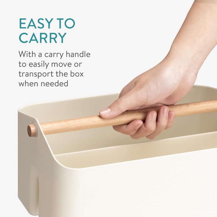 Navaris Storage Box with Wooden Handle - 2 Compartment Box Organizer for Bathroom Kitchen - Basket Storage for Cutlery Cleaning Supplies Portable Small - Cream White