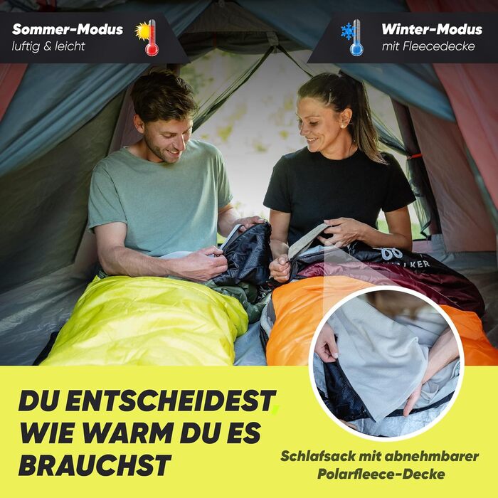 Спальний мішок SKINWALKER 3-4 сезони з знімним флісовим вкладишем, ультралегкий (-1600г), для кемпінгу та походів, м'який, зелений