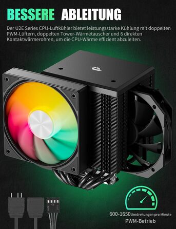 upHere Система охолодження CPU з RGB підсвічуванням, Dual Tower, 6 теплових трубок, 120мм вентилятор, сумісна з AMD AM4/AM5 та Intel 2011/2066