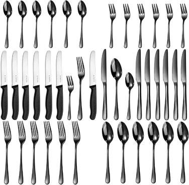 Набір столових приборів на 6 осіб, Targzier, 36 предметів, нержавіюча сталь, з ножами для стейка, преміум-якість, для сім'ї/вечірки/готелю, чорний колір, придатний для миття в посудомийній машині