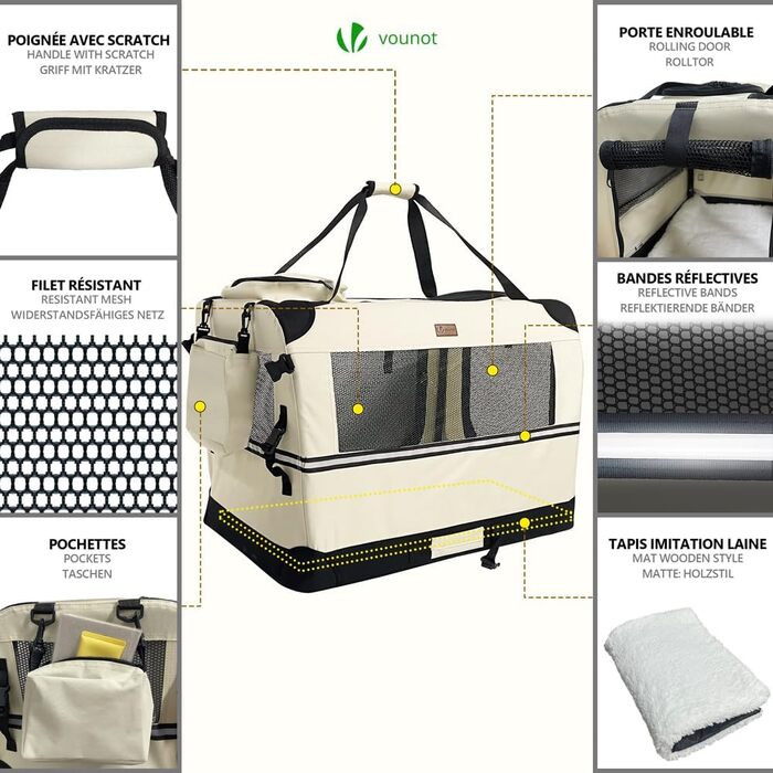 Транспортна переноска для собак та котів VOUNOT, складана, 82x60x60 см XL, з металевим каркасом та ручками, сітка, дихаюча, бежева