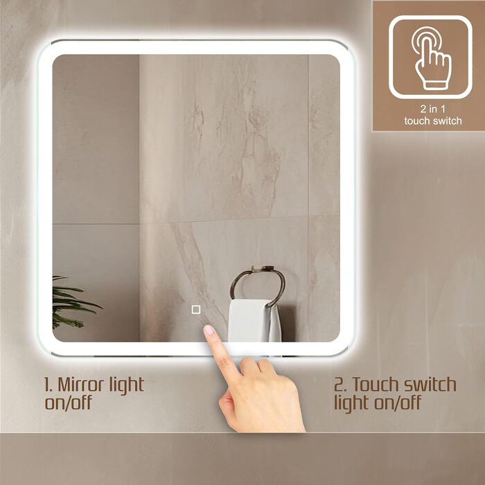 Дзеркало для ванної кімнати Venti 60x60 см з підсвічуванням та сенсорним вимикачем, LED дзеркало для ванної, квадратне дзеркало на стіну