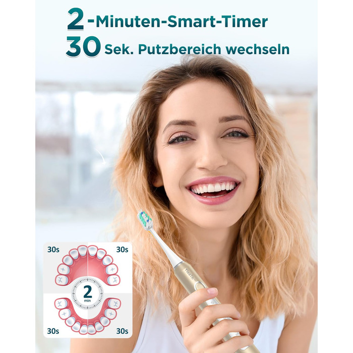 Електрична звукова зубна щітка для дорослих з 8 насадками та кейсом для подорожей, 5 режимів, водонепроникна IPX7, до 90 днів роботи від акумулятора (Золота)