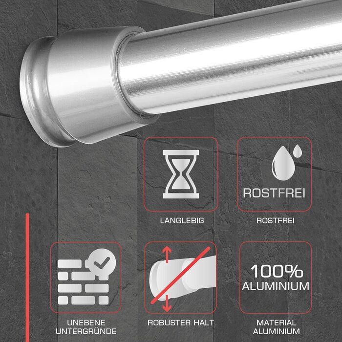 Штанга для душу/завіси без свердління, регульована (115-200 см, срібна)