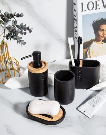 Набір аксесуарів для ванної кімнати з бамбуком/деревом, чорний: дозатор мила, тримач зубних щіток, мильниця