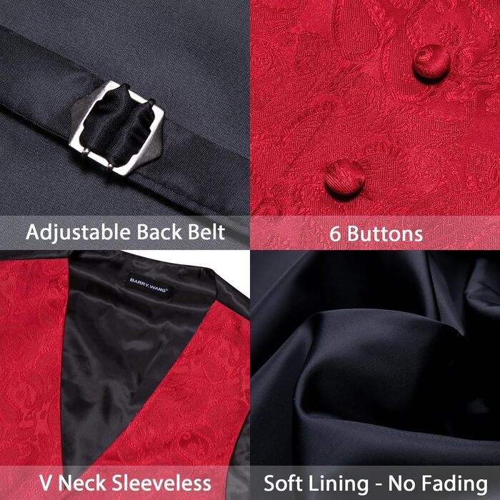 Костюмний комплект Barry.Wang: костюм-трійка (піджак, штани, жилет), краватка, метелик, кишеньковий хустинка, запонки, голкозажим, для весілля, червоний, 3XL