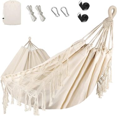 Bellzacasa Large Brazilian Hammock, Fabric Camping Hammock with Portable Bags Ropes for Hanging from Trees Soft Striped Canvas Cotton (Beige)