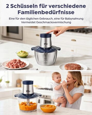 Електричний подрібнювач м'яса Bear 2L+1.8L з функцією м'ясоподрібнювача, 600W, 2 швидкості, зі скляною та нержавіючою сталлю, 4 леза, для м'яса, дитячого харчування, фруктів та овочів