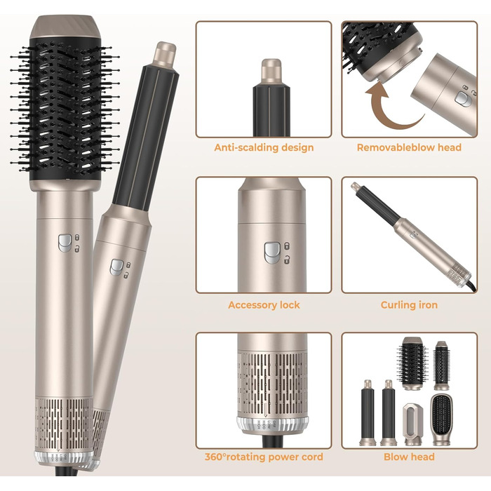6-в-1 Стайлер для волосся 1000W з насадкою-щіткою, фен, локони, об'єм, випрямлення, сушка. Жовтий