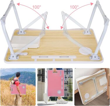 Стіл для ноутбука в ліжко, складний з USB, ручка, кишеня для карток, підсклянник, бічна шухляда, рожевий