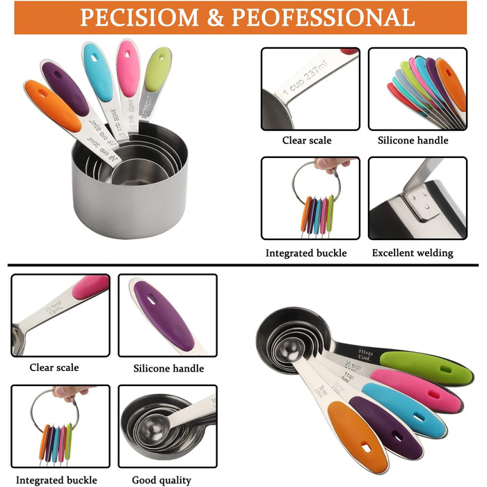 Stainless Steel Measuring Cup & Spoon Set - Measuring Cups and Spoons including 5 Nesting Cups and 5 Spoons, for dry and liquid ingredients (5+5)