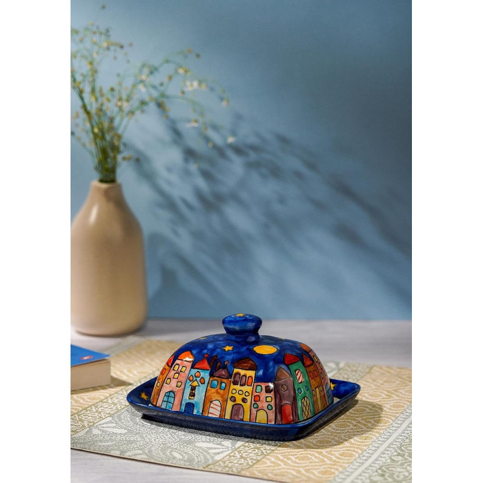 Butter dish with lid, designed by Gall&Zick, handcrafted from ceramic, for a standard 250g block of butter, colorfully hand-painted, dishwasher-safe (New Village)