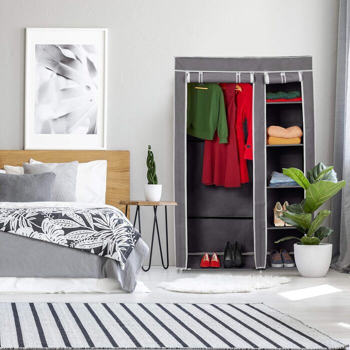 Relaxdays Fabric Wardrobe with Clothes Rail & 5 Compartments, HBT: 174 x 107 x 42.5 cm, Sturdy Folding Wardrobe with Cover, (Grey)