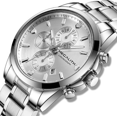 MEGALITH Чоловічий годинник з нержавіючої сталі, Хронограф, Водостійкий, Аналоговий годинник для чоловіків, Бізнес-дизайн, Календар, Світіння (B-silver)
