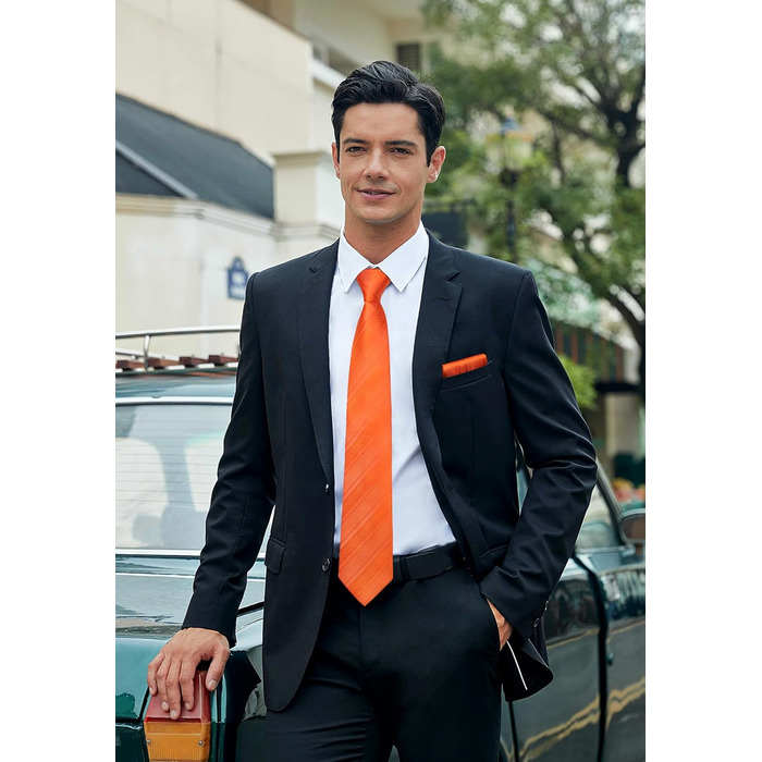 HISDERN Комплект краватки та нагрудного хустинки в смужку (Помаранчевий) для чоловіків