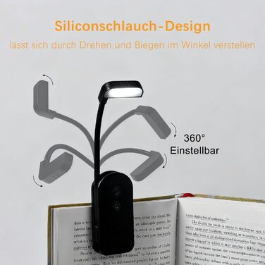 LED-лампа для читання з USB-зарядкою, 9 світлодіодів, 3 режими температури кольору, регульована яскравість, гнучка 360° поворотна кріплення для читання в ліжку, чорний