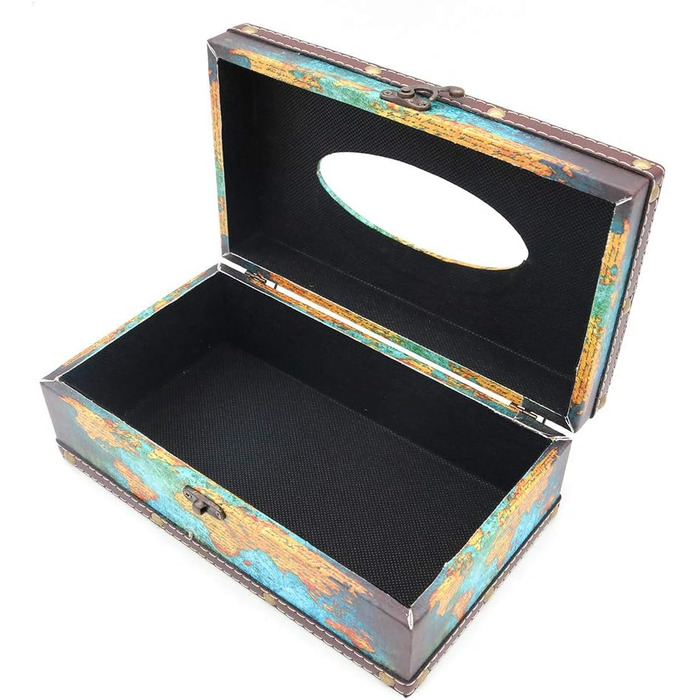 POFET Vintage Chic Shabby Wood Tissue Box Holder Rectangular Handcraft Tissue Paper Box Cover Serviette Organizer Holder Home Storage Office Car Decoration with Metal Lock - Card