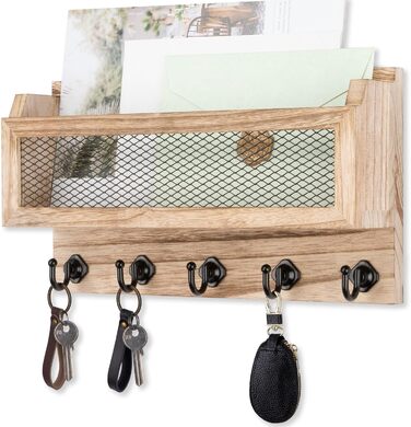 Brief and key holder for wall decoration, 27.9 cm (11 inches) wooden wall key organizer with 5 key hooks, wall mount, storage shelf for entryway, hallway (white) (wood)
