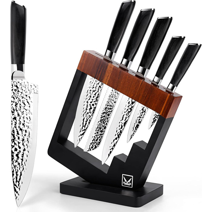 Набір кухонних ножів Messerblock 6-TLG з блоком: професійний набір з нержавіючої сталі з ергономічною ручкою з ебену, кухонний, м'ясний, хлібний, універсальний та овочевий ножі