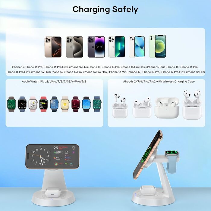 Зарядна станція Mag-Safe 3-в-1: для iPhone, Apple Watch, AirPods (біла)