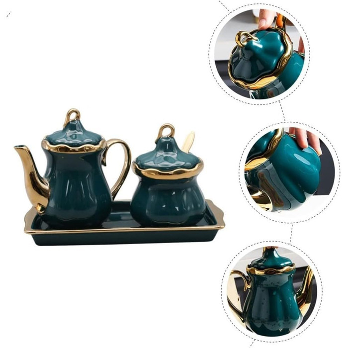 MAGICVOGEL Ceramic Milk Pitcher and Sugar Bowl Set, Sugar Container, Milk Jug with Tray, Spice Jar with Lid and Spoon, Creamer, Coffee Service Set for Home, Cafe, Bar (Green)