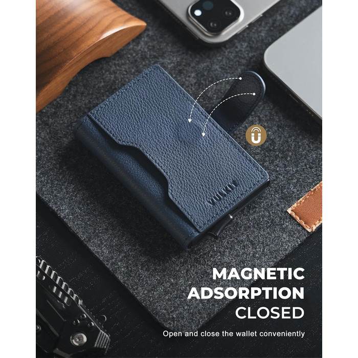 Чоловіче картхолдер VULKIT з RFID блокуванням, з металу, на 3 картки та віконцем для посвідчення, компактний гаманець, шкіряний, з магнітною застібкою, бордовий (справжня шкіра Litchi Navy)