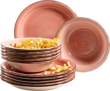 MÄSER 931495 Bel Tempo II, 12-piece tableware set for 6 people with a modern vintage look, hand-painted, pink, stoneware.