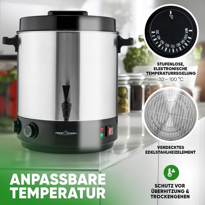 ProfiCook® Hot Beverage Machine with 7L Tank Capacity | Mulled Wine Cooker with High-Quality Stainless Steel Housing | for Heating and Keeping Warm | Punch Cooker for Mulled Wine, Tea & Coffee | PC-HGA 1196 (Black-stainless steel 32l)