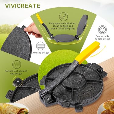 Пресс для тортилій Vivicreate з чавуну, 25,4 см. Прес для тіста, прес для тортилій з антиковзким покриттям, сірий (жовтий)