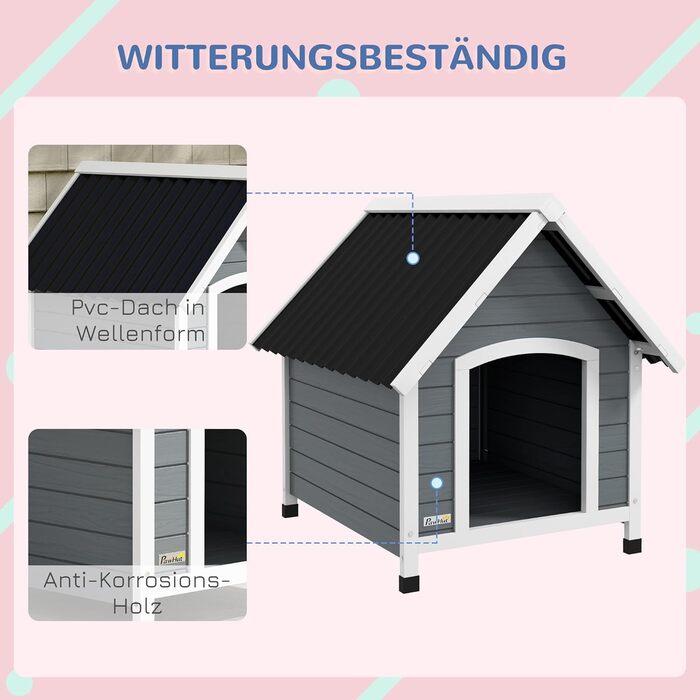 Будка для собак PawHut з дерева, сірого кольору, для середніх собак, 75 x 88 x 82 см, знятний піддон, захист від корозії, зовнішнє використання