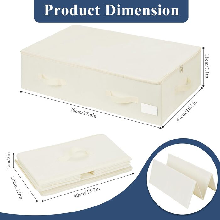 Комод під ліжко Lannvan, 2 шт. Коробки для зберігання під ліжко з кришкою, складні, з 4 посиленими ручками, для одягу, постільної білизни, ковдр, подушок (70 * 41 * 18 см), Бежевий