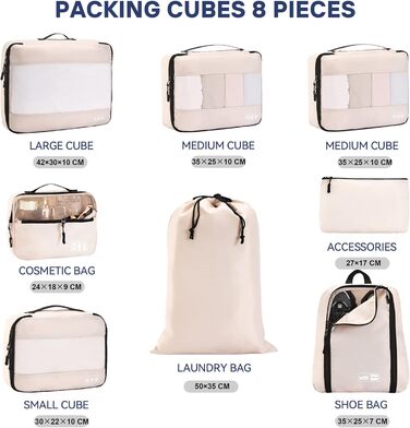 Органайзер для валізи MURISE, 8 шт. - Packing Cubes для подорожей, набір для організації речей у валізі, з мішечком для взуття та косметички, бежевий колір