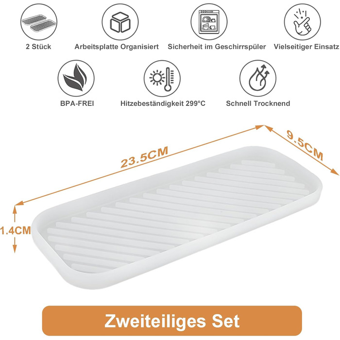 Тримач для мила з силікону для раковини, органайзер для кухні, ванної, туалетного столика, столу, зберігання губки, мила, щітки, макіяжу, пляшки, довговічний, 2 шт. (23.5 x 9.5 x 1.4 см, прозорий)