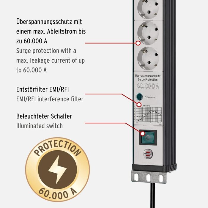 Бренненштуль Преміум-лайн: мережевий фільтр 6 розеток з захистом від перенапруги 60 000 A (19' формат, кабель 3м, з вимикачем, Made in Germany), чорний/сірий, захист від ураження електричним струмом 60 000 A