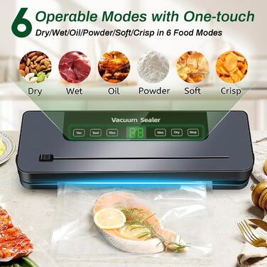 Вакуумний пакувальник 6-в-1 з LED-дисплеєм та 30см зварювальною лінією, 50 шт. пакетів, зовнішній шланг, для сухих та вологих продуктів (сріблястий)