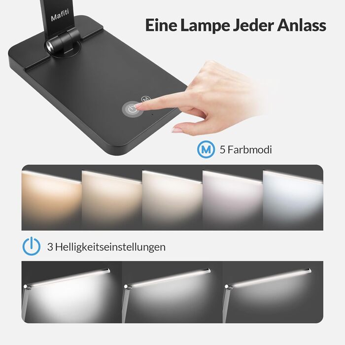 LED лампа настільна диммерна з USB, 5 кольорів та 3 рівні яскравості, для читання, дітей, офісу, чорна MT-856